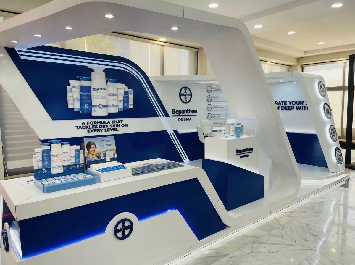 Exhibition booth designed, fabricated and installed by Brandkom – illuminated curved counter