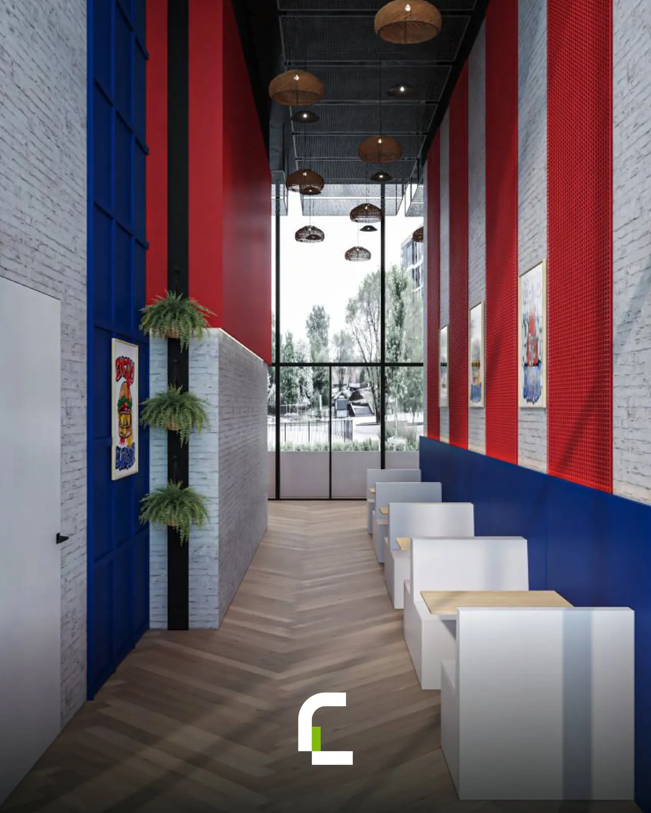 BBQ Restaurant Baghdad – design visualization of the corridor with red and blue walls