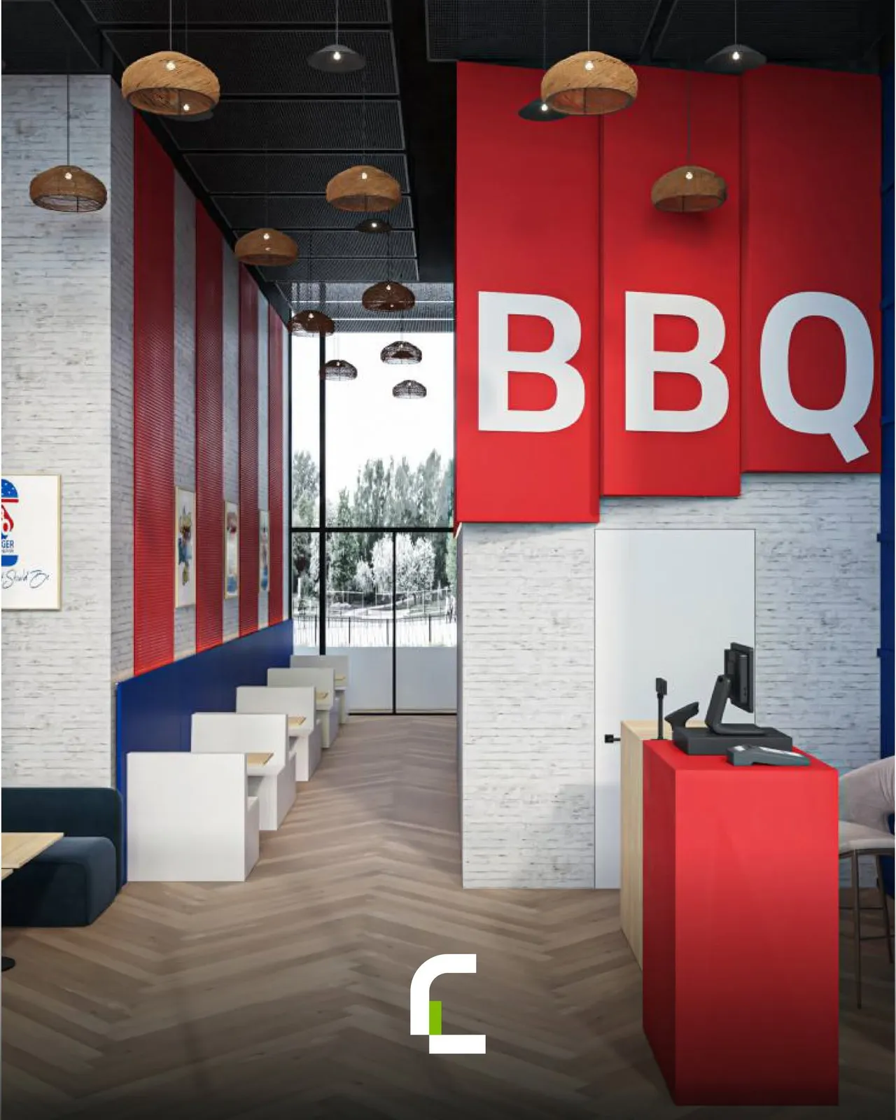 BBQ Restaurant Baghdad – design visualization with red fluted wall, blue tiles and herringbone floor