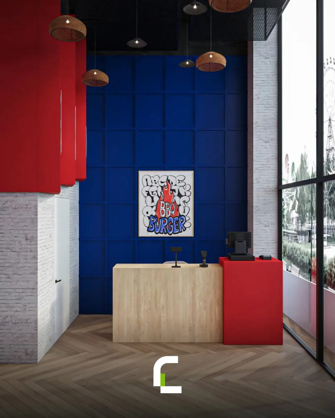 BBQ Restaurant Baghdad – design visualization of the counter with blue tiled wall