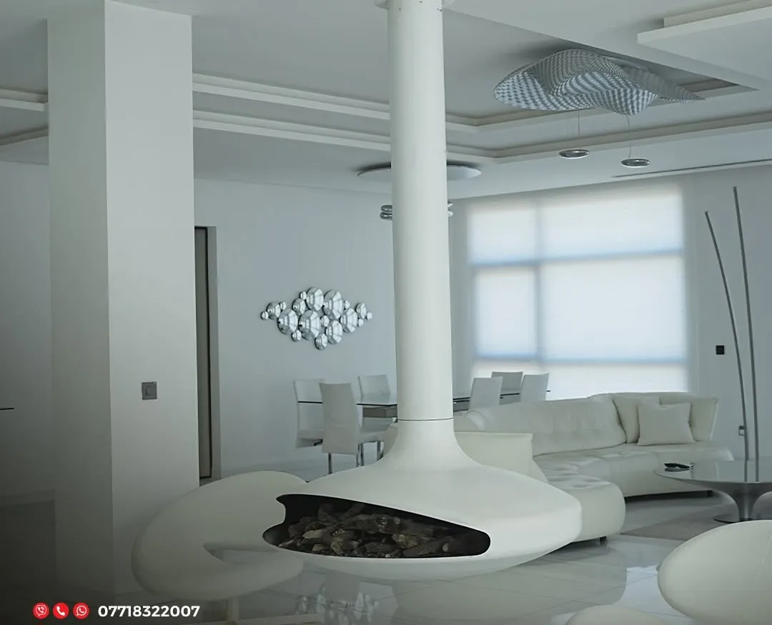 Luxury penthouse by Gambini – white living room with suspended fireplace and round armchairs