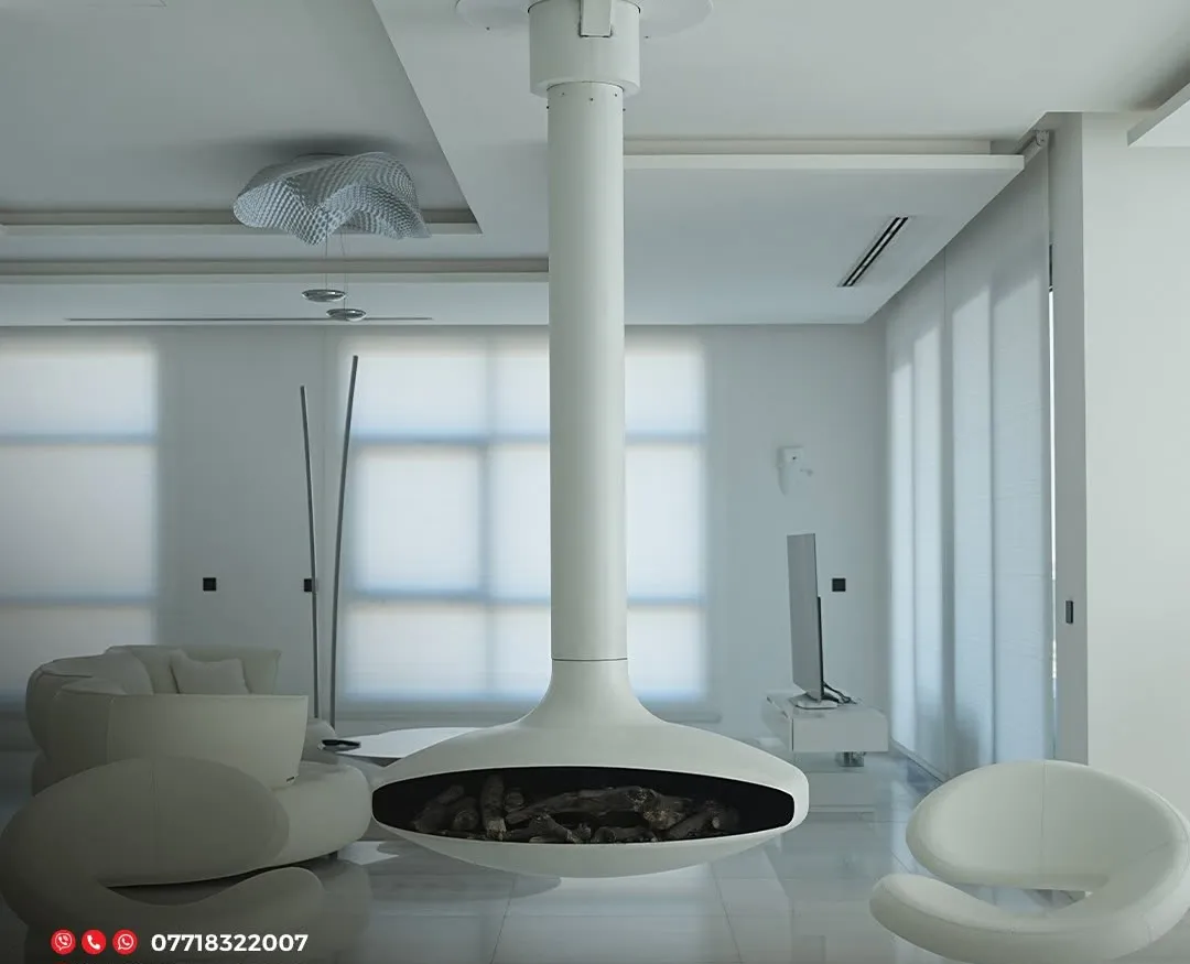 Luxury penthouse by Gambini – white living space with fireplace, view towards the corridor