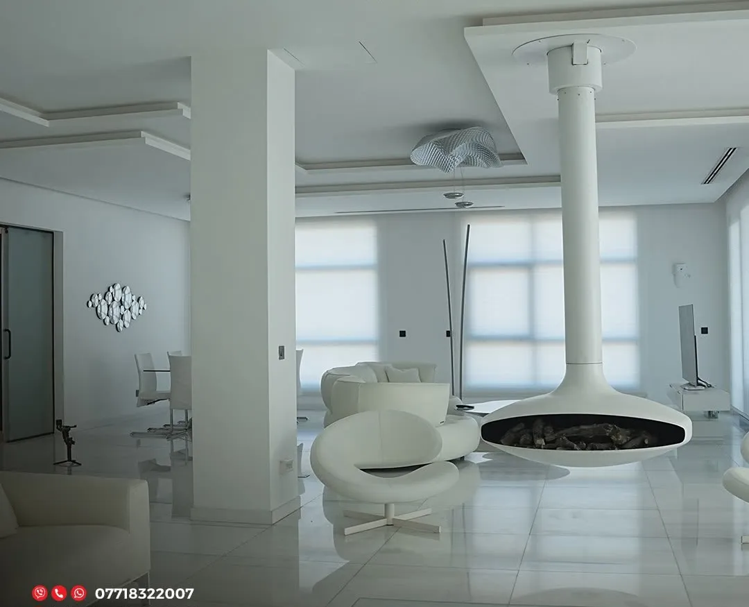 Luxury penthouse by Gambini – suspended fireplace beside the columns
