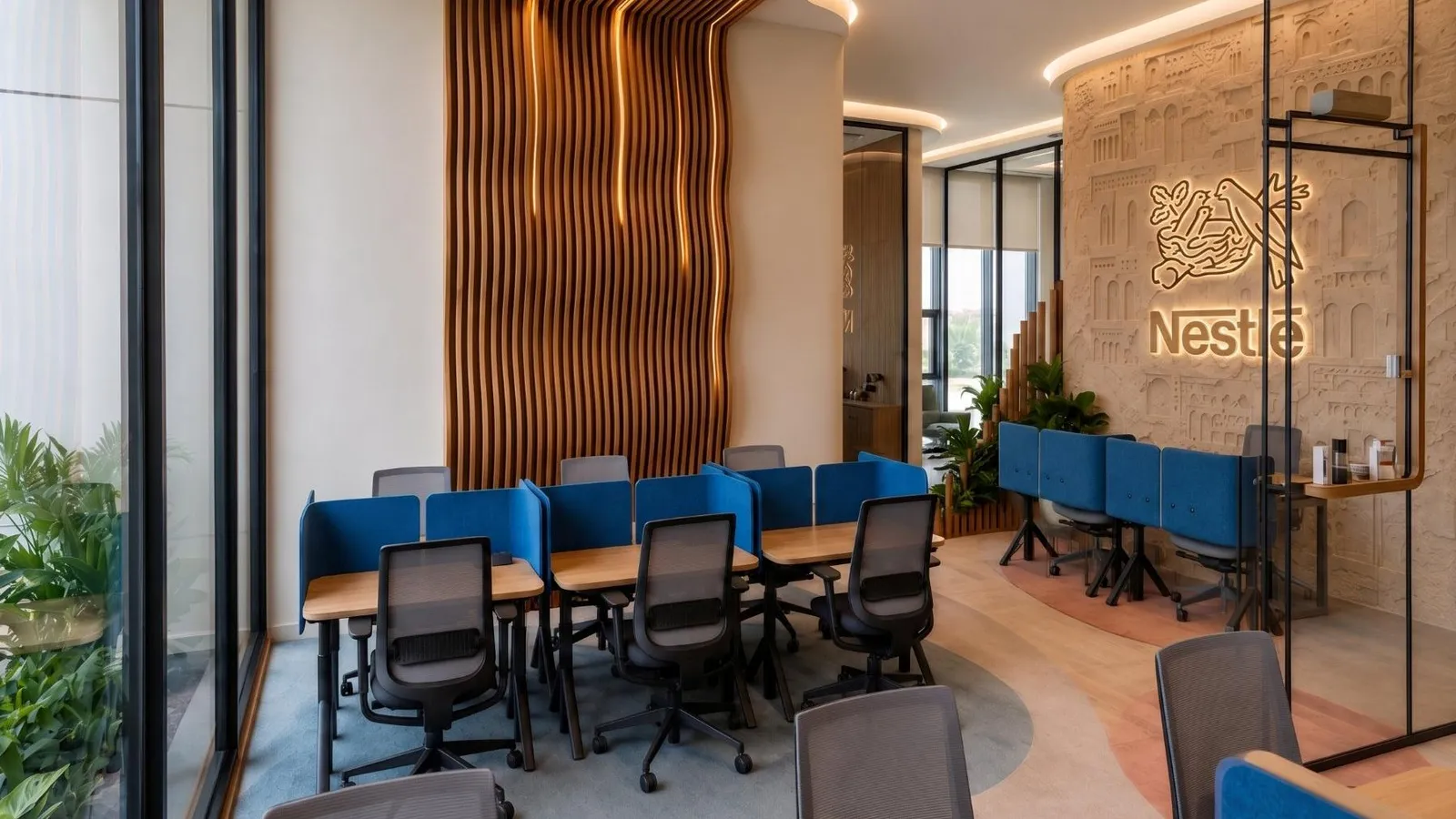 Nestlé Erbil office visualization – meeting room with Tigris-inspired blue ceiling element and Nestlé relief wall