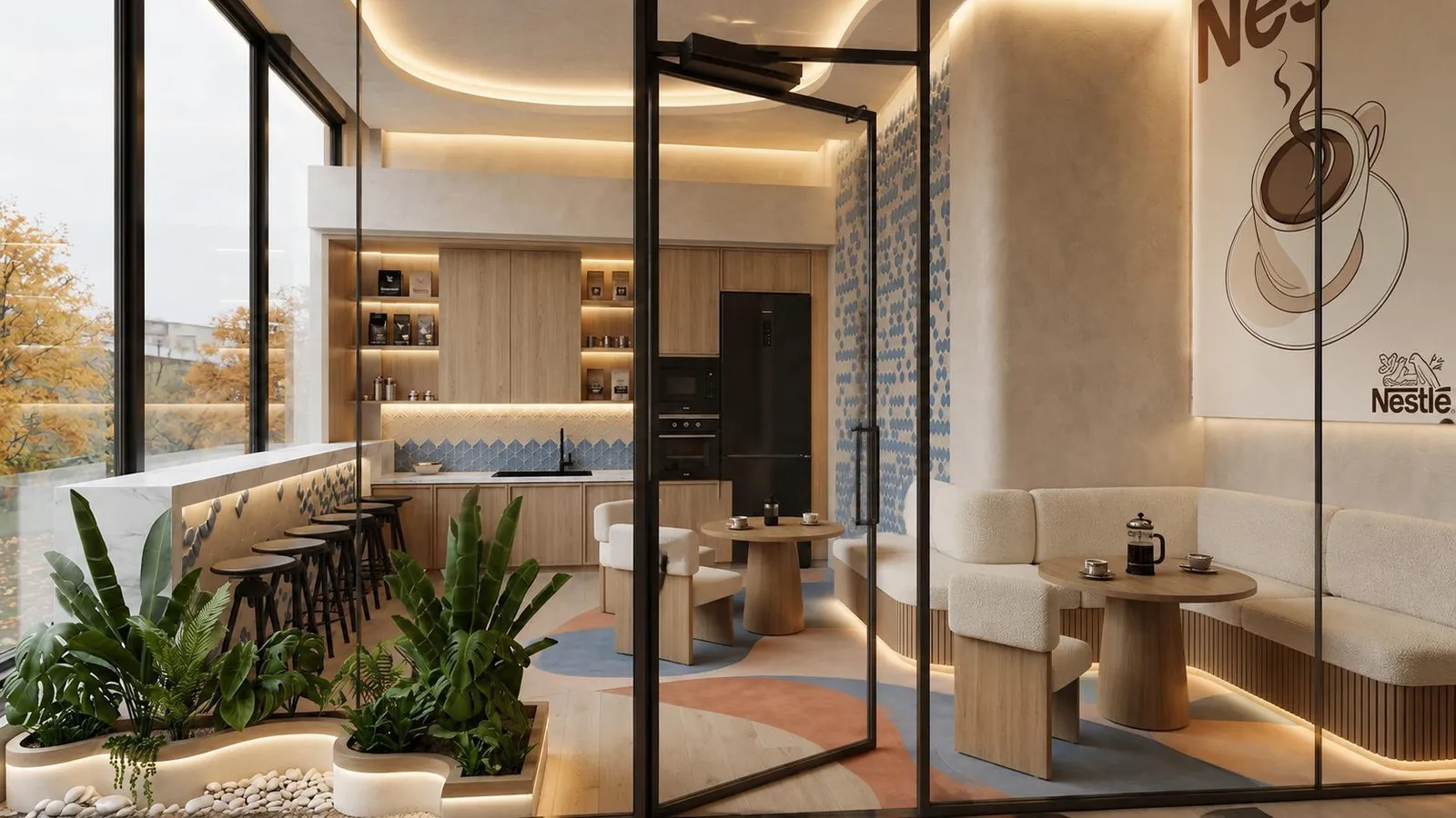Nestlé Erbil office visualization – Nescafé coffee corner with warm-wood bar and banquette seating
