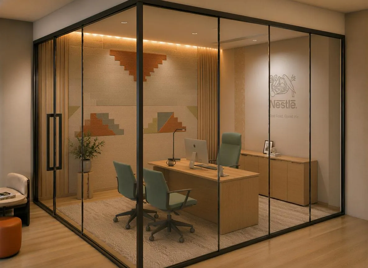 Nestlé Erbil office visualization – manager office behind framed glass partitions