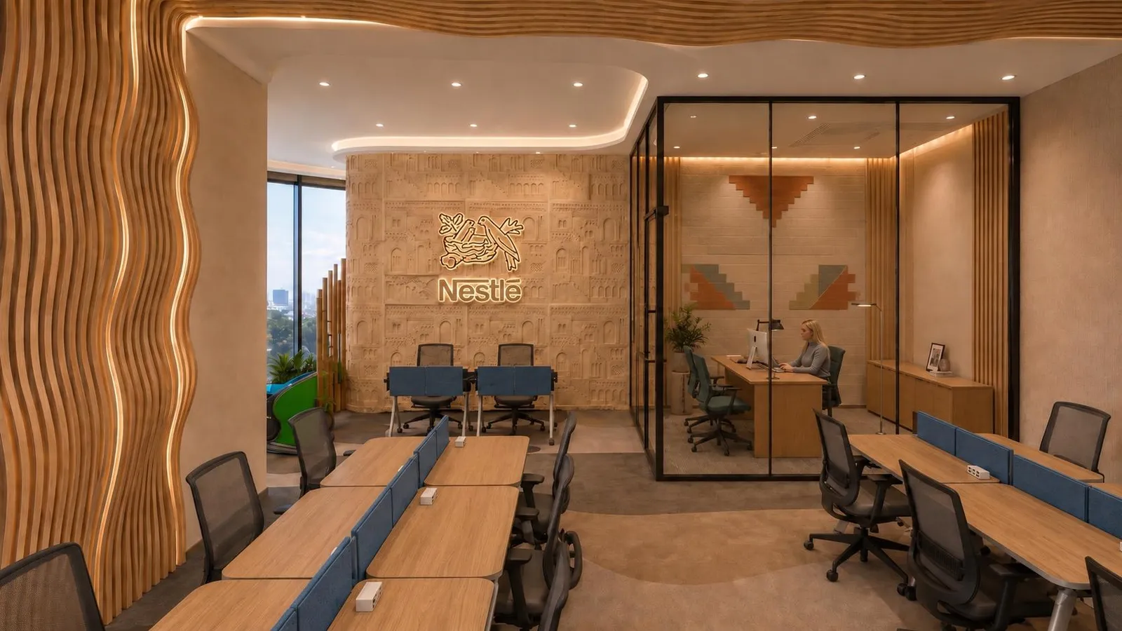 Nestlé Erbil office visualization – boardroom with long table, carved wall and fluted timber feature