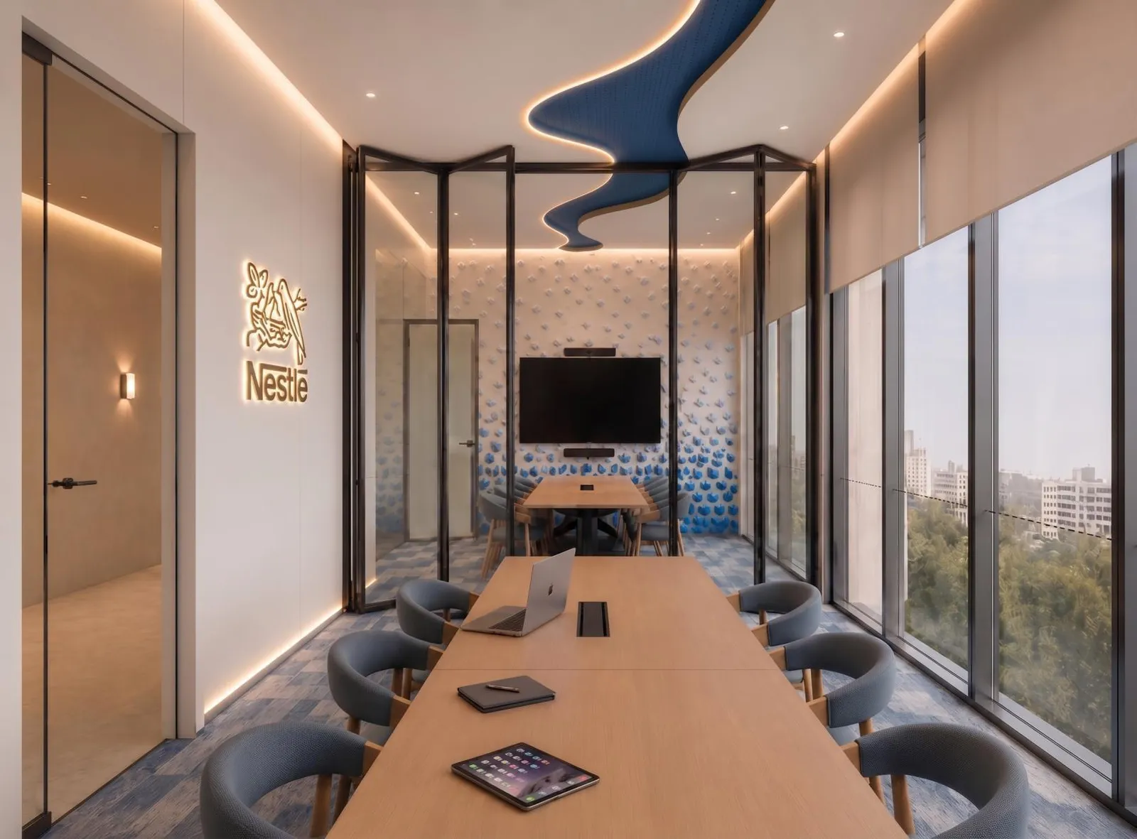 Nestlé Erbil office visualization – meeting room with city view and blue ceiling element