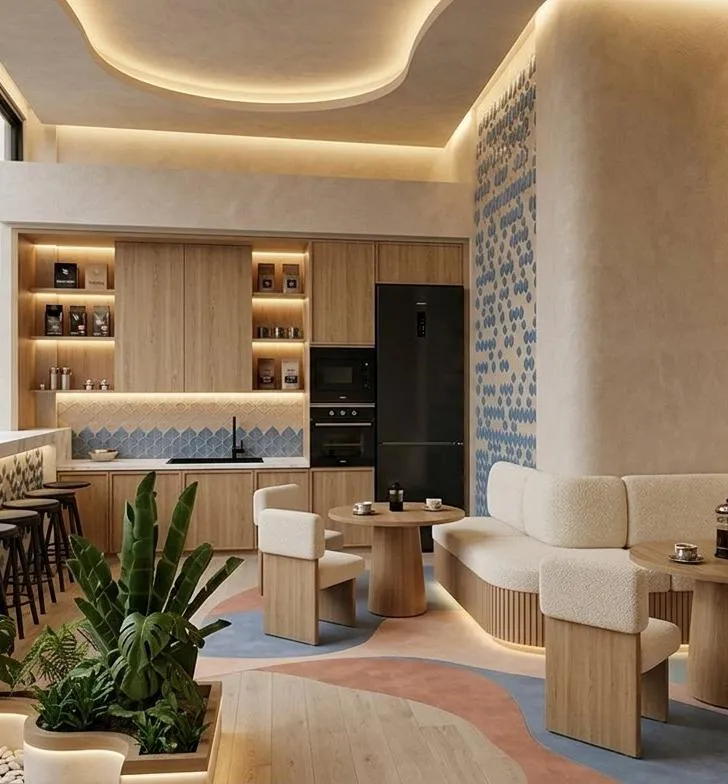 Nestlé Erbil office visualization – pantry with blue zellige-style tiles and curved seating