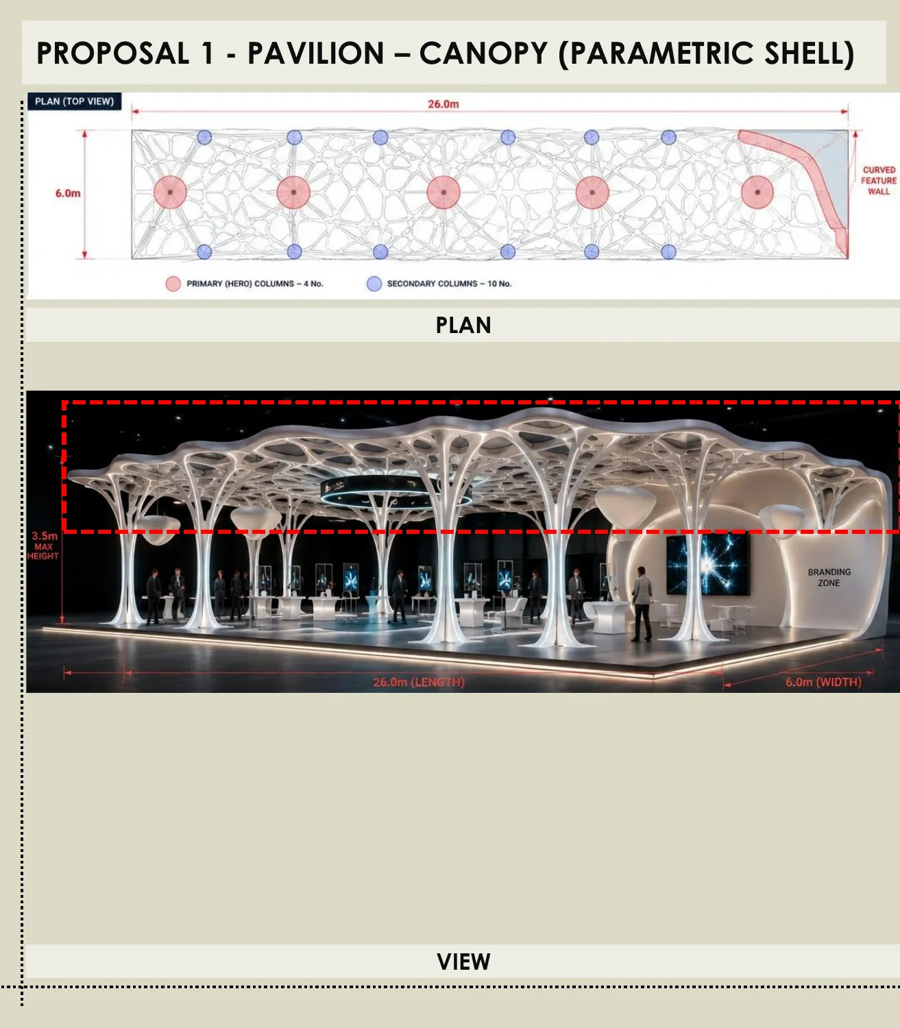 Zain Iraq ITEX 2026 stand – canopy and parametric shell, plan and view
