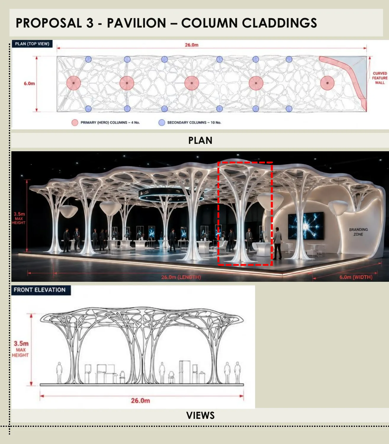Zain Iraq ITEX 2026 stand – primary and secondary column claddings, plan, view and elevation
